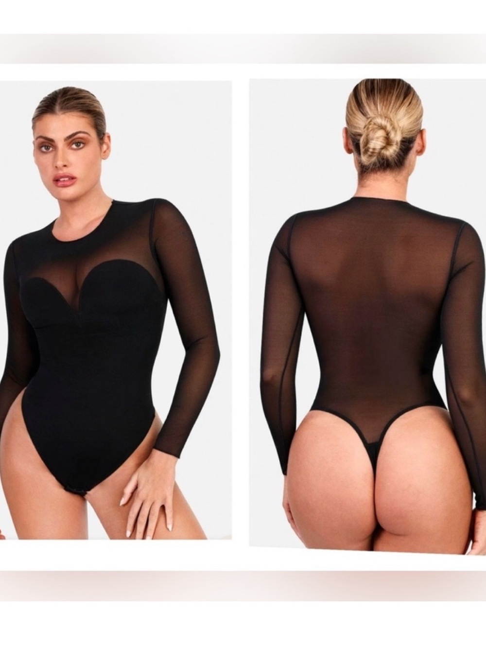 Popilush Shapewear Illusion Mesh Long Sleeve Tummy Control Bodysuit - Black XL